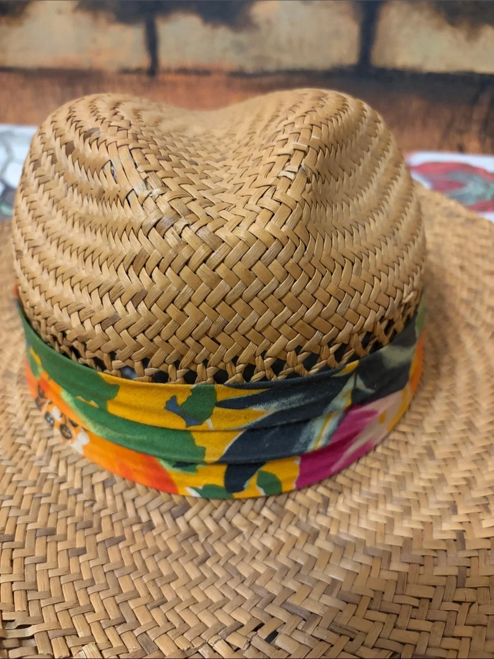 Straw Wide-Brim Sun Hat with Orange Scarf Accent